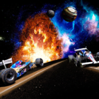 Create a hyper-realistic image featuring two dirt track sprint cars racing through the cosmos, surrounded by vivid flames. Sharpen the background details to showcase a stunning cosmic setting with a crystal-clear view of Earth and planets, seamlessly integrating the intense racing action into the vast and vibrant space backdrop.