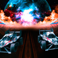 Create a hyper-realistic image featuring two dirt track sprint cars racing through the cosmos, surrounded by vivid flames. Sharpen the background details to showcase a stunning cosmic setting with a crystal-clear view of Earth and planets, seamlessly integrating the intense racing action into the vast and vibrant space backdrop.