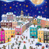A bustling city in christmas with santas, snow, shops, children playing, moon in the sky and happy people