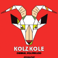 Create a cubist-style logo for the Kozel beer brand. The logo should feature an abstract representation of a goat's head using geometric shapes such as triangles, rectangles, and trapezoids. The horns should be angular spirals made from connected trapezoids. The eyes should be small triangles, and the muzzle should be constructed from a combination of rectangles and triangles. Incorporate a stylized beer mug and hops into the design, using simple geometric shapes. Use a color palette of earthy browns, golds, and creams. Below the goat's head, include the word 